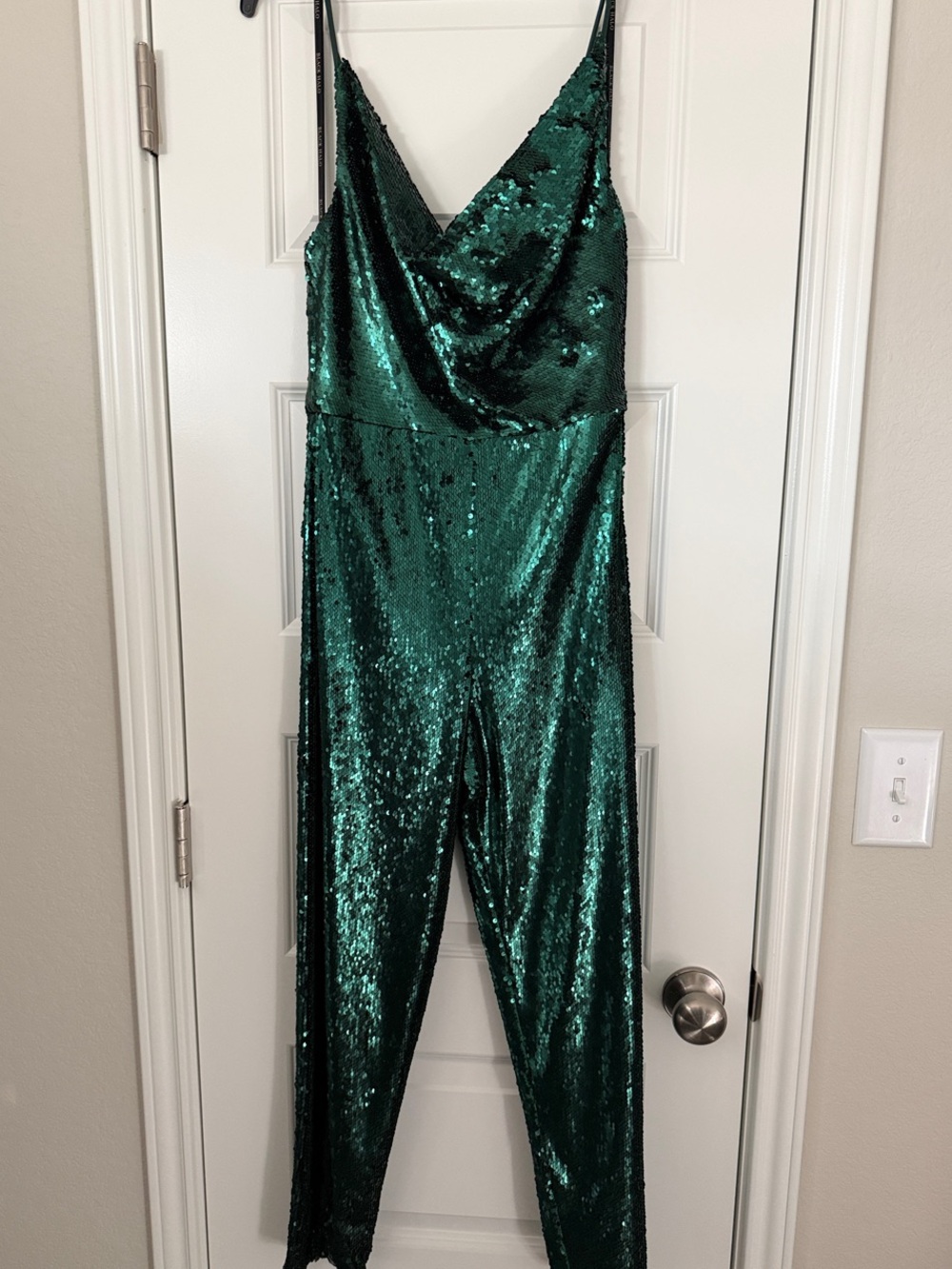 Black Halo Emerald Green Sequin Cowl-Neck Jumpsuit